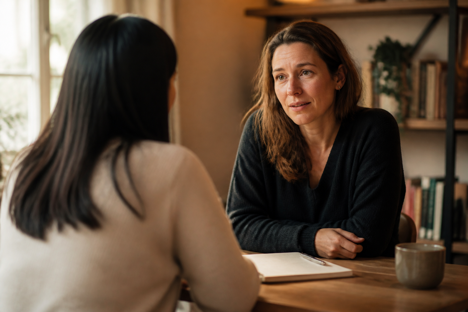Rena Wang coaching a client — Rena with her back to camera, client facing forward in warm focused conversation